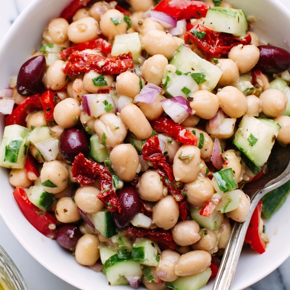 Bowl of Dense Bean Salad With Sun Dried Tomatoes, tangy vinaigrette sheen