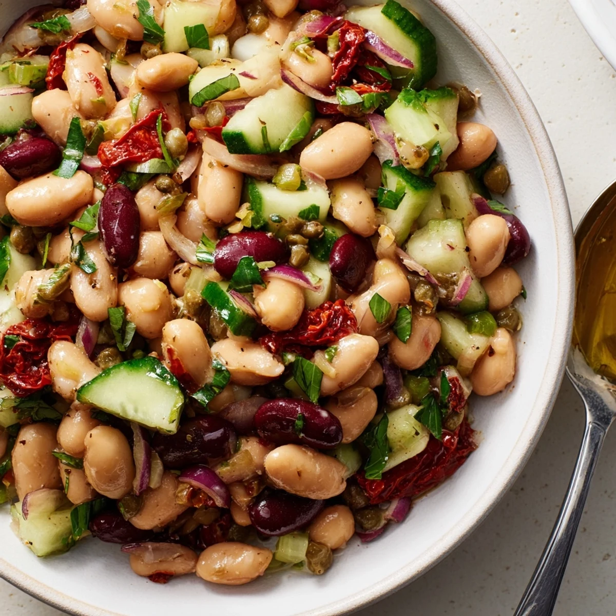 Dense Bean Salad With Sun Dried Tomatoes served alongside rustic bread, ready to eat