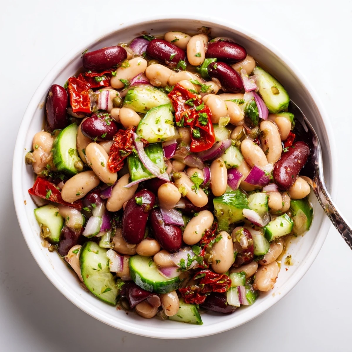 Chilled Dense Bean Salad With Sun Dried Tomatoes dotted with parsley, citrus
