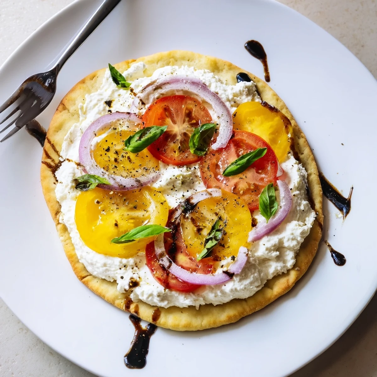 Oven-golden Caprese Pita Pizza With Whipped Garlic Feta drizzled with balsamic glaze  