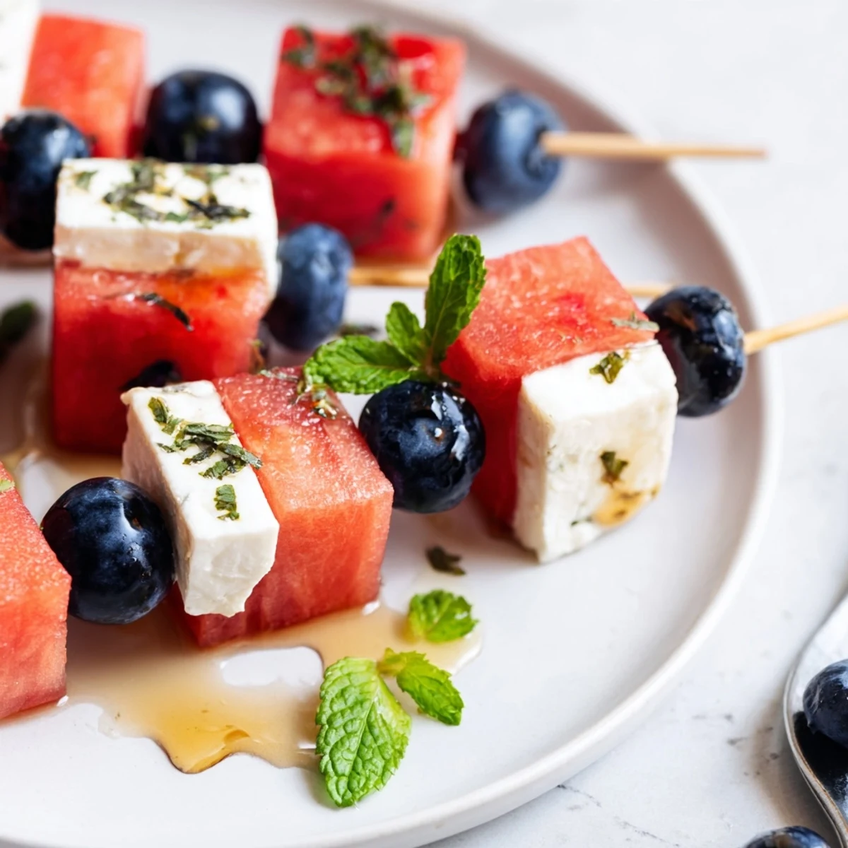 Patriotic Watermelon Feta Skewers chilled on a platter, juicy watermelon, salty feta