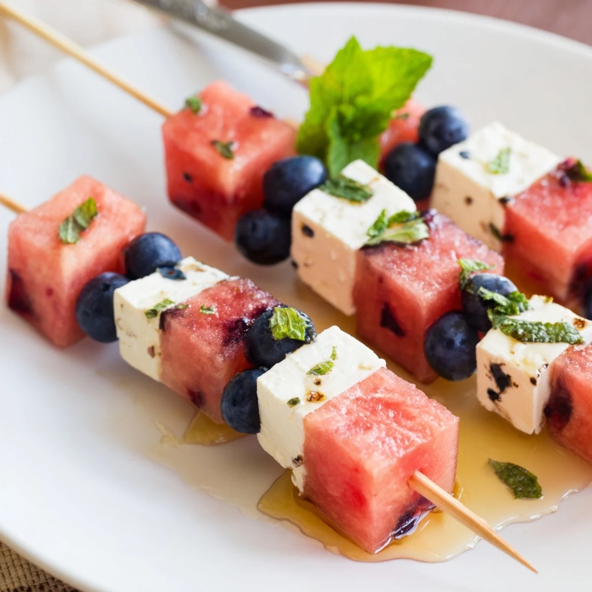 Patriotic Watermelon Feta Skewers threaded with blueberries, bright colors, cool party appetizer