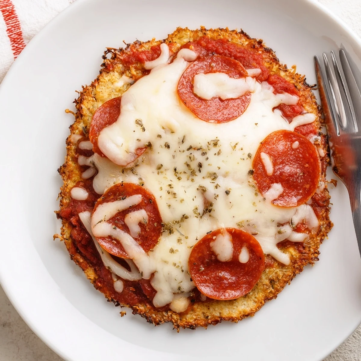 Keto Pizza With Crispy Low Carb Crust, golden edges and bubbling cheese  