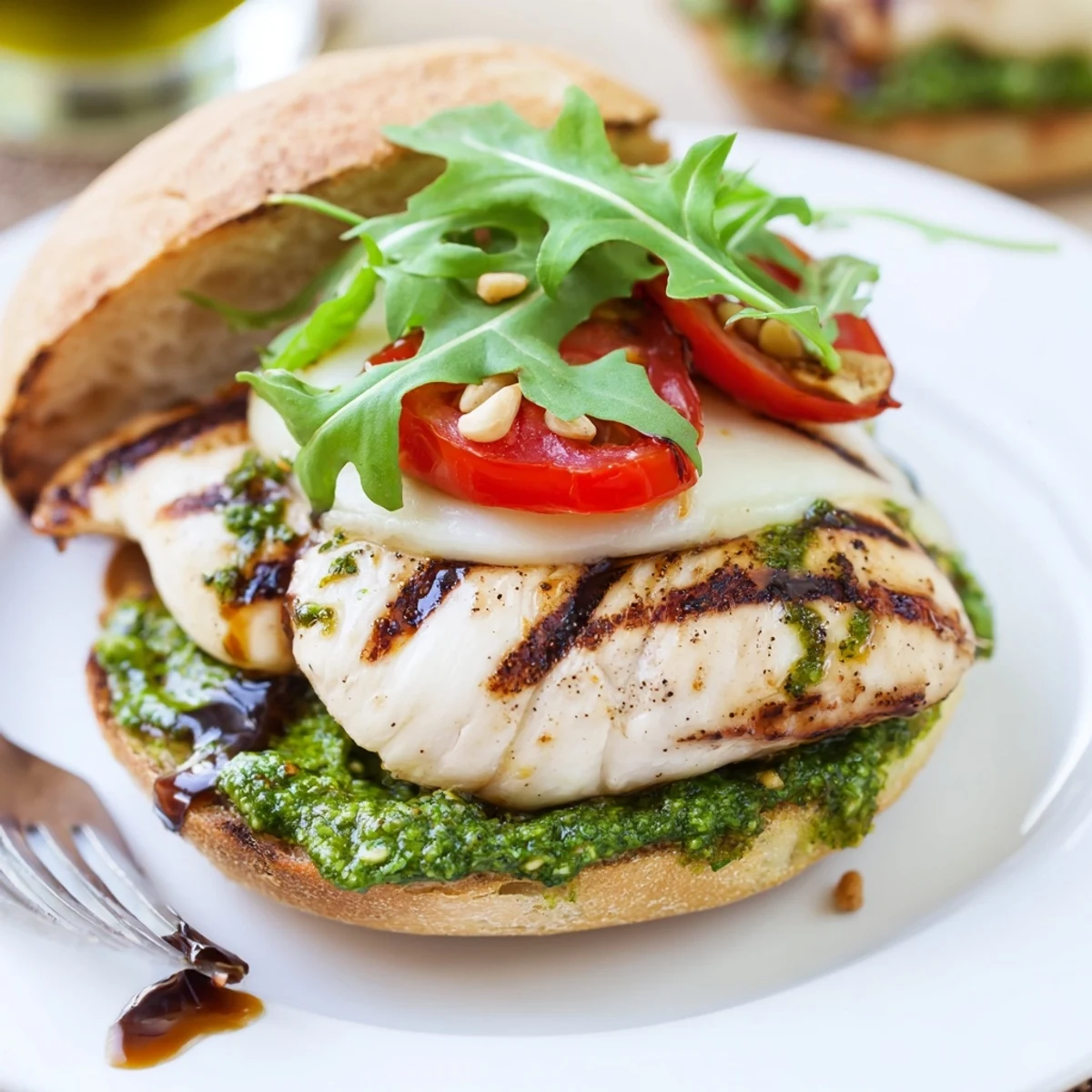 Grilled Chicken Pesto Sandwich with melted mozzarella, charred grill marks, fresh basil