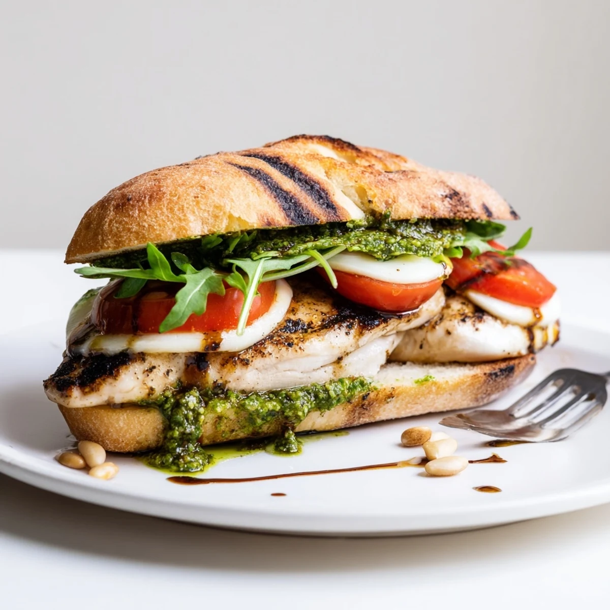 Warm Grilled Chicken Pesto Sandwich on toasted ciabatta, tomato slices, peppery arugula