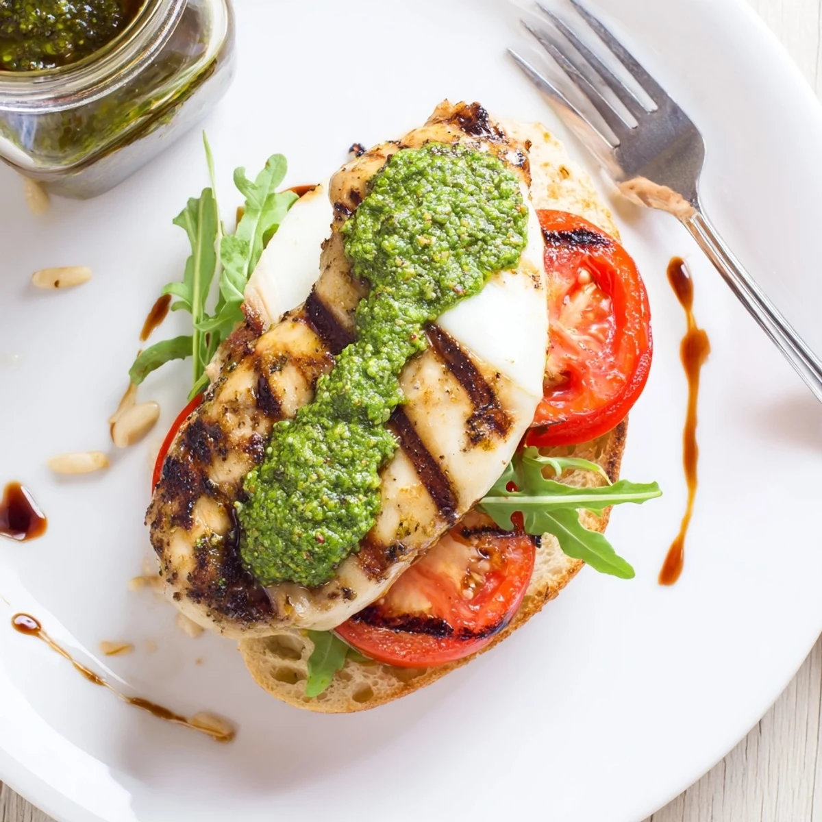 Close-up Grilled Chicken Pesto Sandwich drizzled balsamic glaze, juicy chicken, fragrant pesto