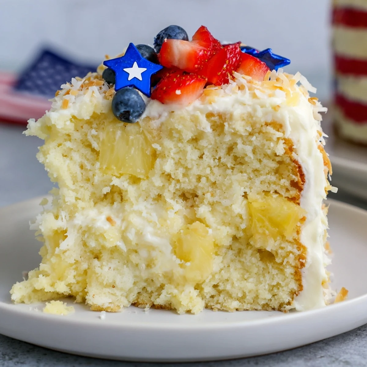 Pineapple Coconut God Bless America Cake with toasted coconut and fresh berries