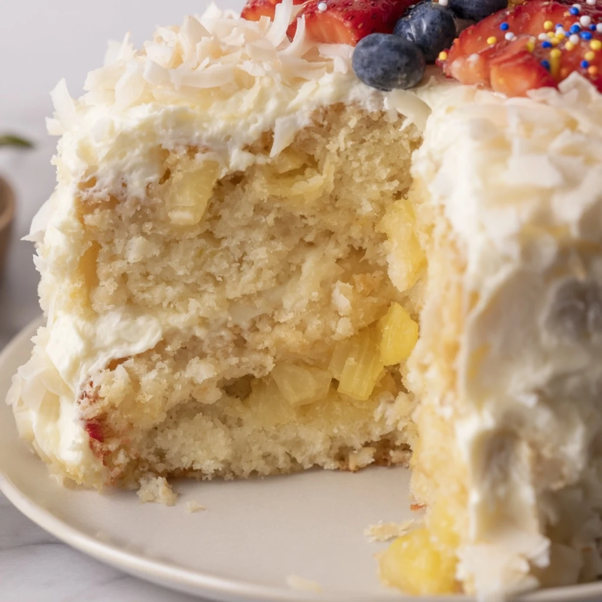 Slice of Pineapple Coconut God Bless America Cake on a picnic plate