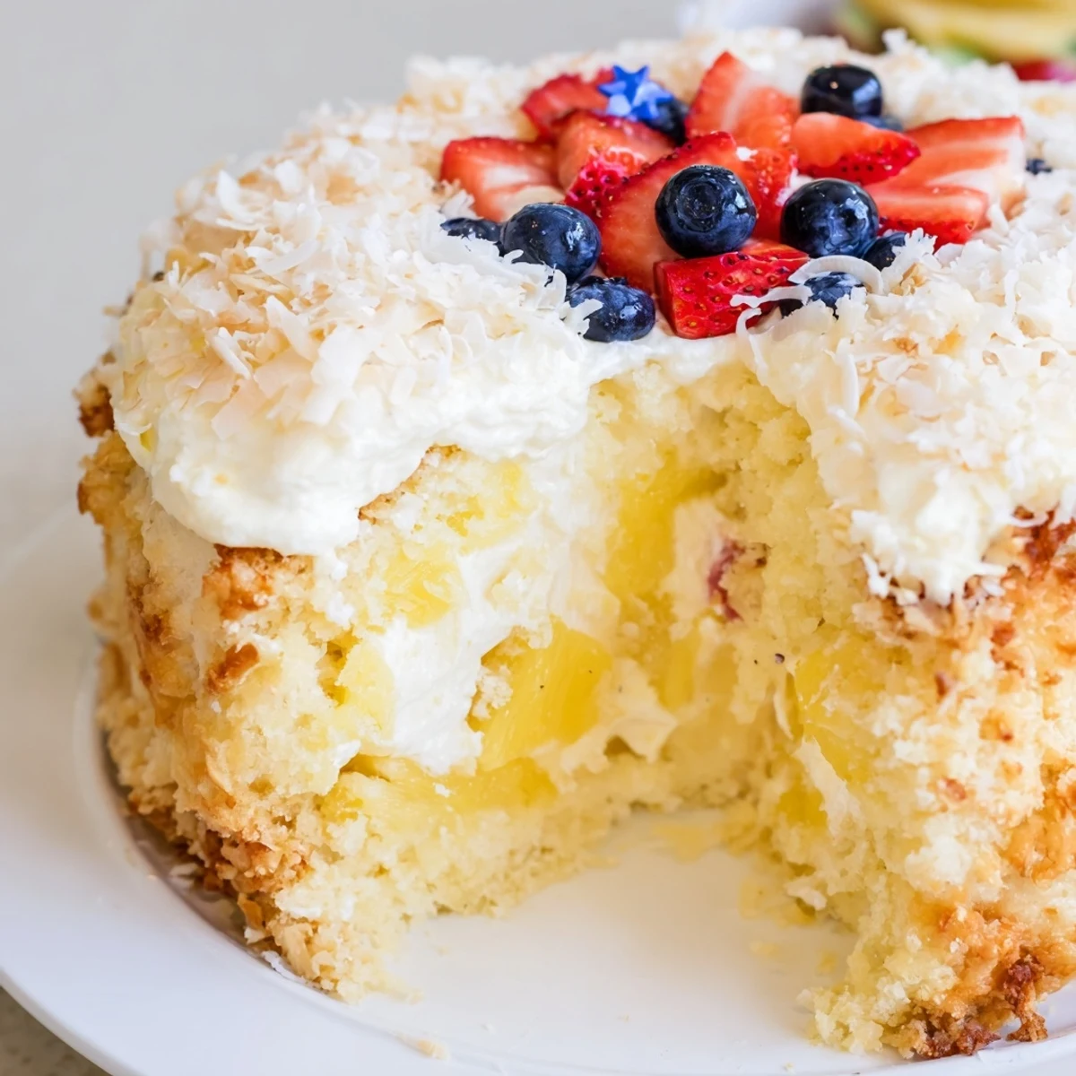 Pineapple Coconut God Bless America Cake, cream cheese frosting, patriotic berry topping