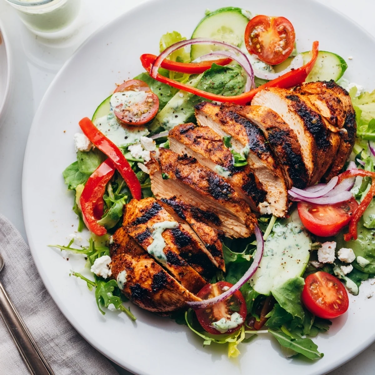 Bright Grilled Chicken Salad Avocado Herb Dressing Recipe topped with creamy lime dressing