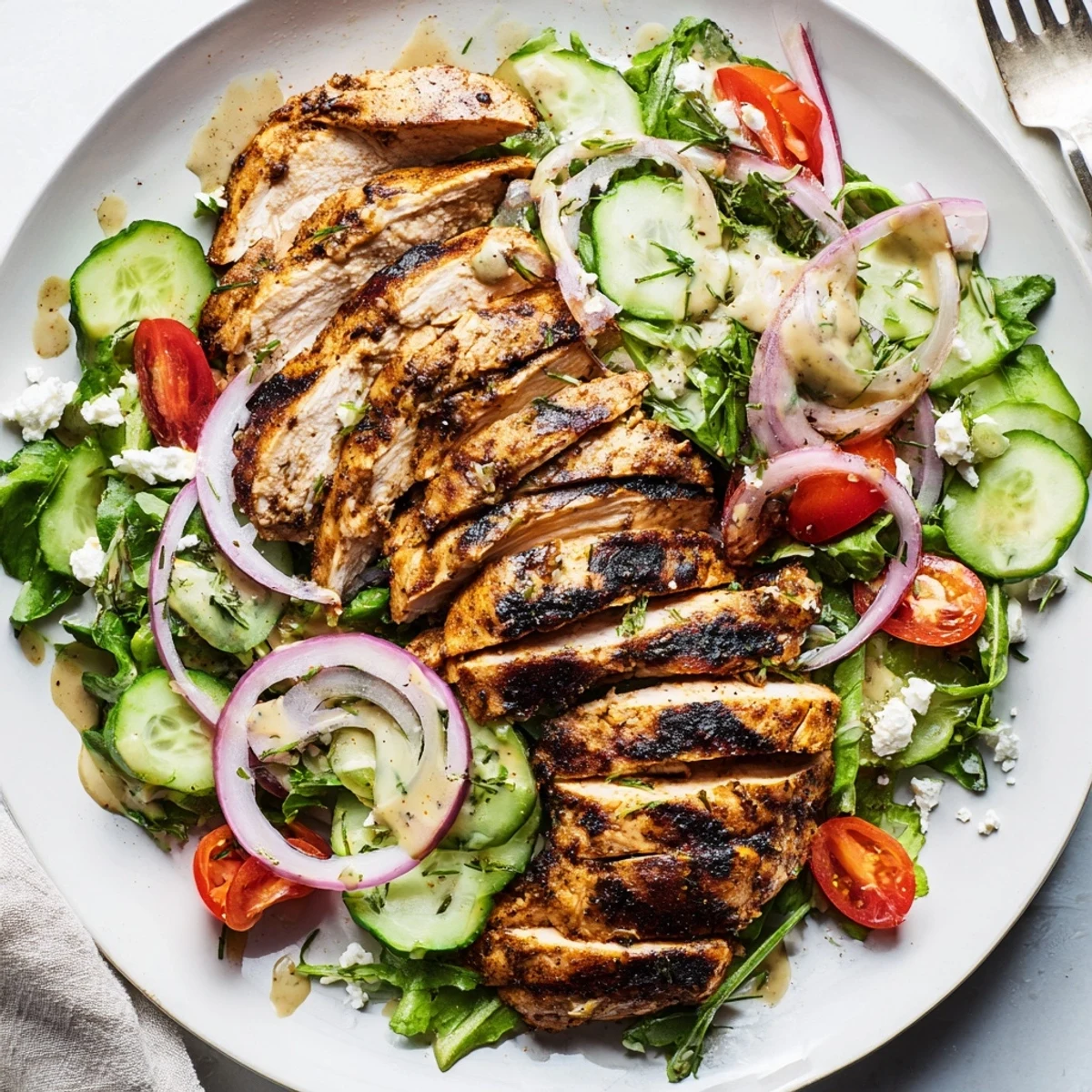Grilled Chicken Salad Avocado Herb Dressing Recipe plated with sliced smoky chicken, crisp greens