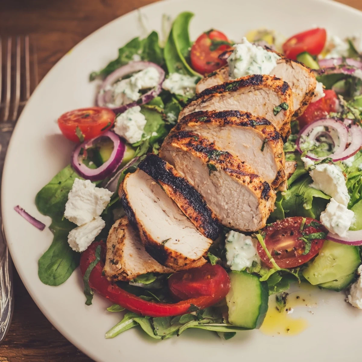 Bowl of Grilled Chicken Salad Avocado Herb Dressing Recipe, tomatoes, cucumbers, zesty aroma