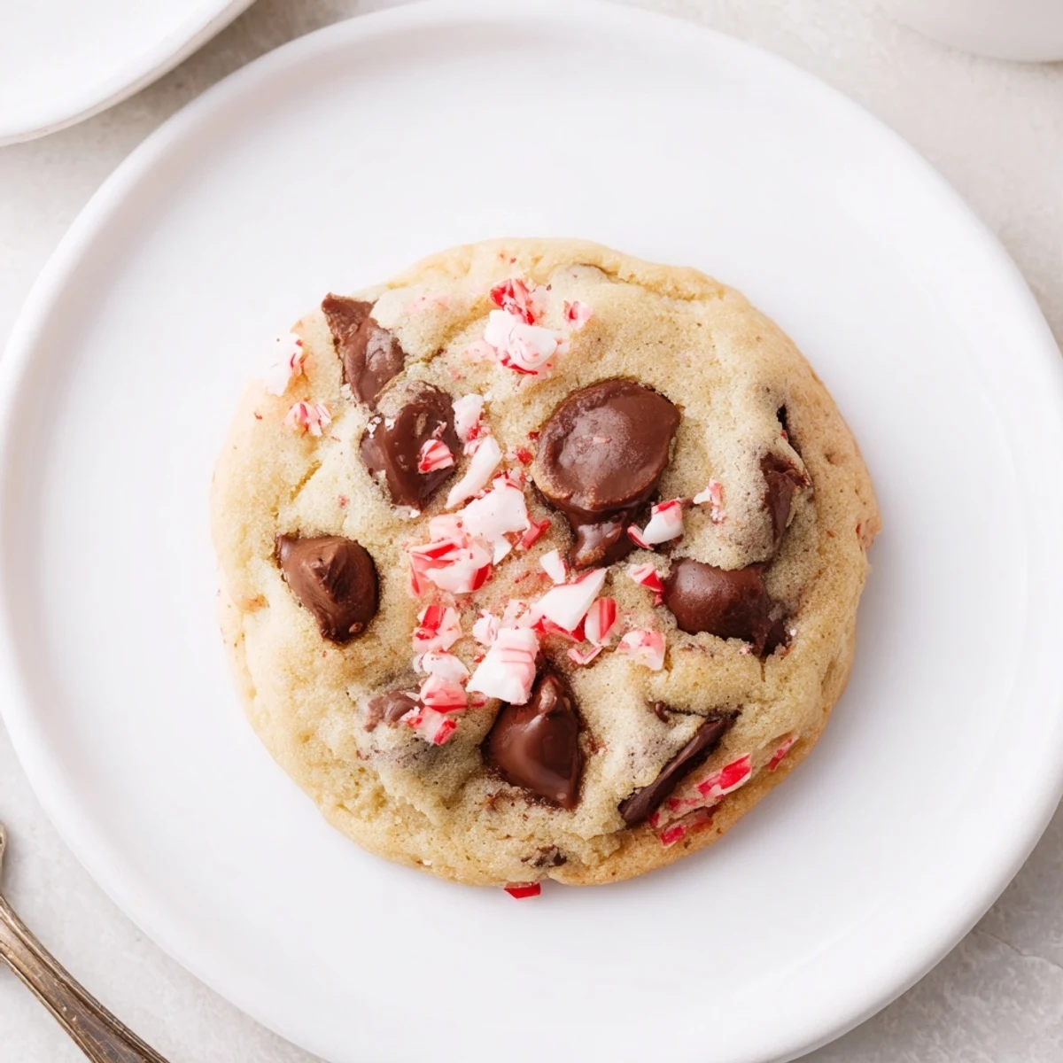 Peppermint Chocolate Chip Cookies warm from oven, glossy chips and crushed candy.