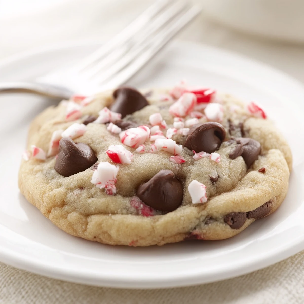 Stack of Peppermint Chocolate Chip Cookies with melting chocolate and peppermint sprinkle.