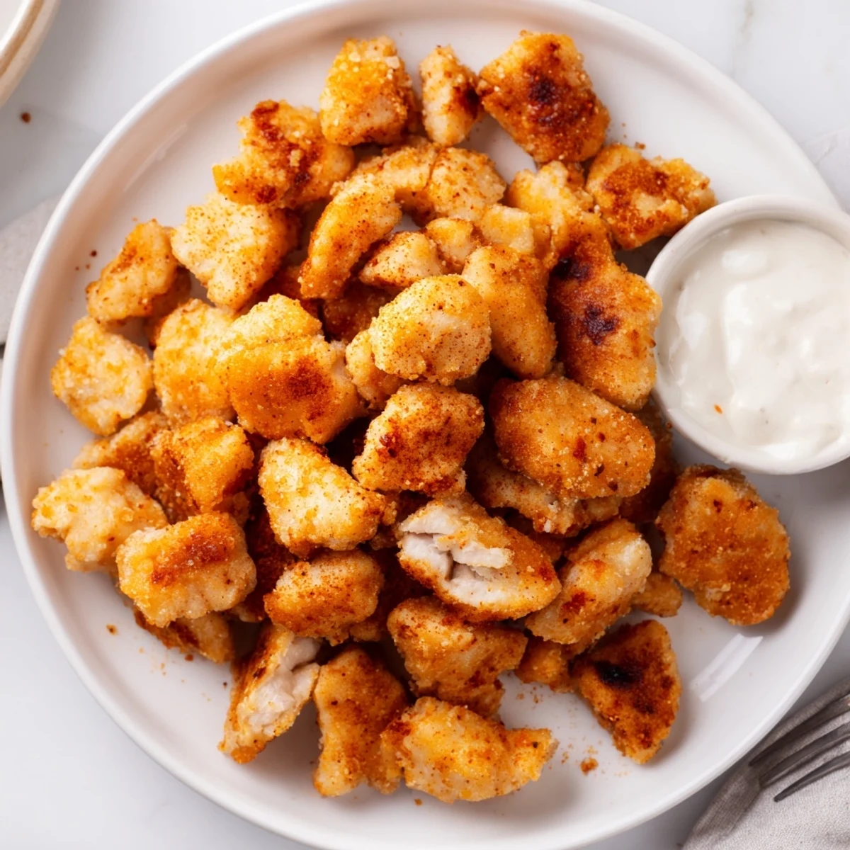 Crispy golden Chicken Bites piled on plate with ranch for dipping