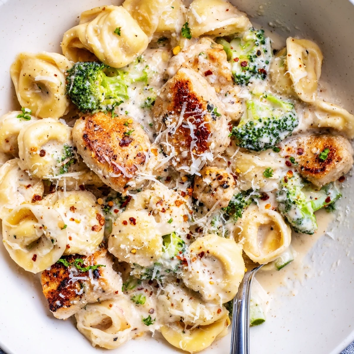 Creamy Garlic Parmesan Tortellini Chicken Broccoli Recipe with golden seared chicken and tender broccoli