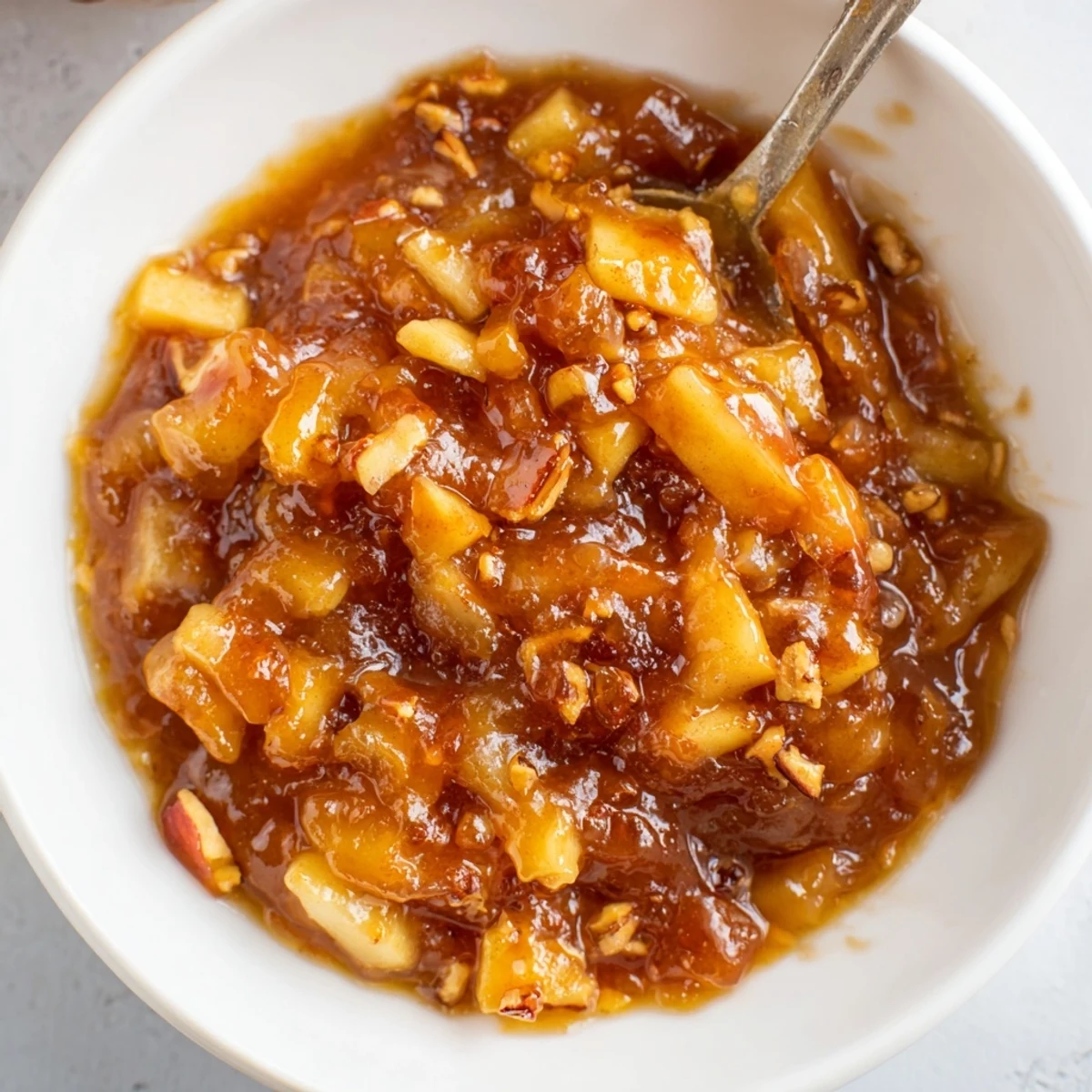 Jar of Fall Caramel Apple Jam glistening, chunky apples and warm spices