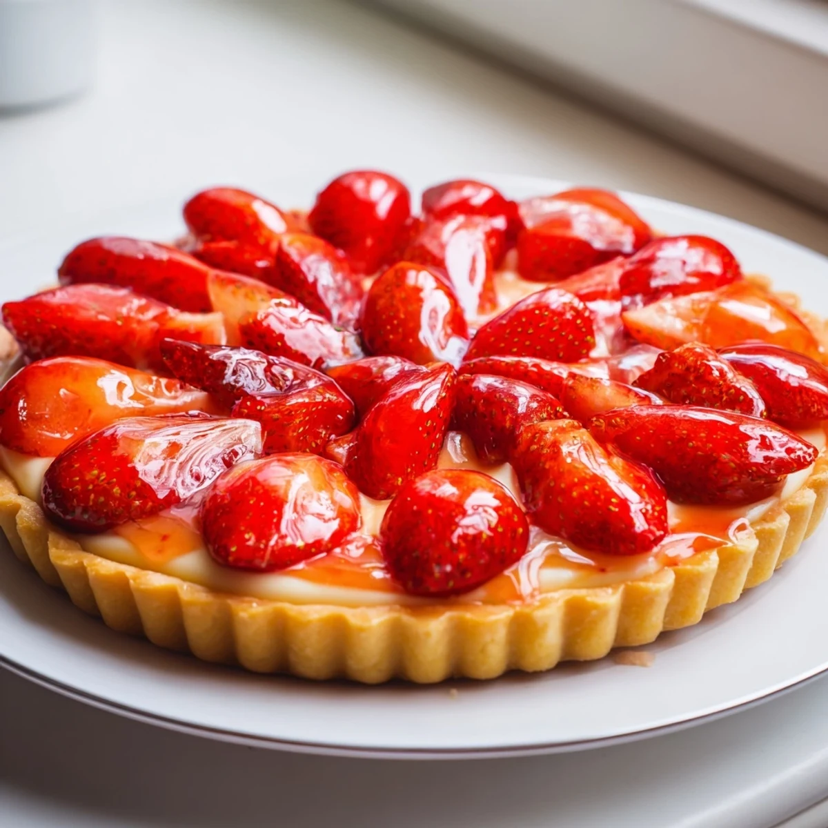 Tarte aux Fraises topped with glossy strawberries over creamy custard, chilled