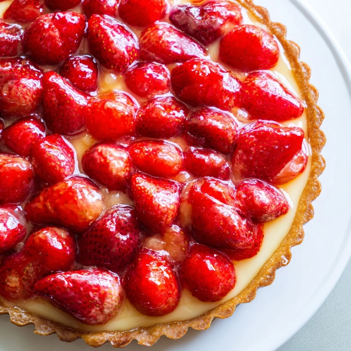 Sliced Tarte aux Fraises arranged on golden tart shell, fragrant vanilla aroma