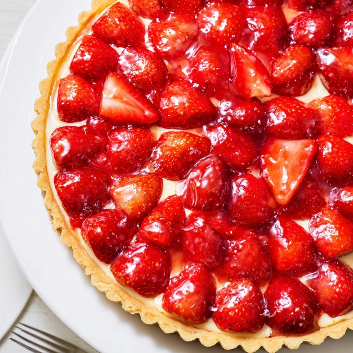 Homemade Tarte aux Fraises served with a fork, bright summer berry sweetness