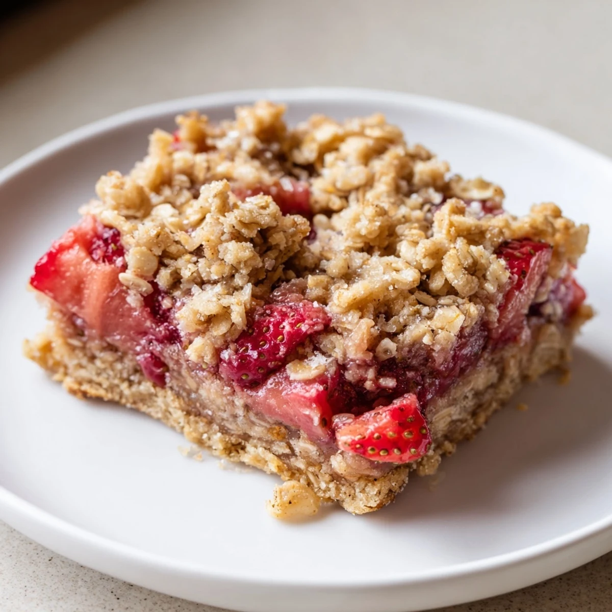 Strawberry Oatmeal Crumble Bars warm from oven, golden crumble and juicy filling
