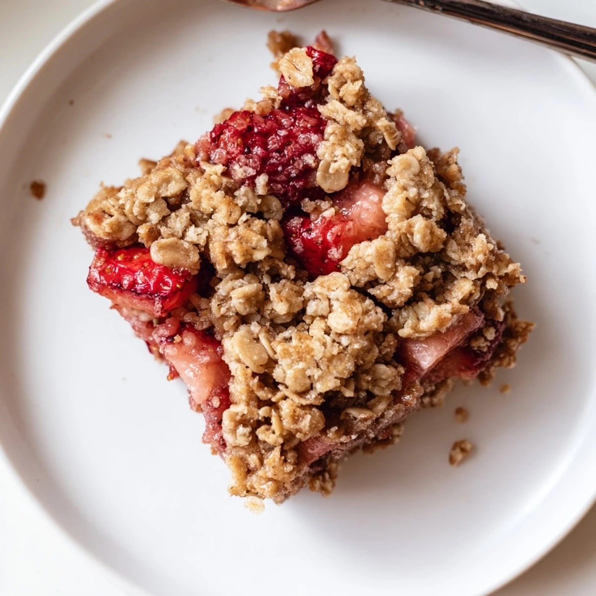 Close-up of Strawberry Oatmeal Crumble Bars served with melting vanilla ice cream