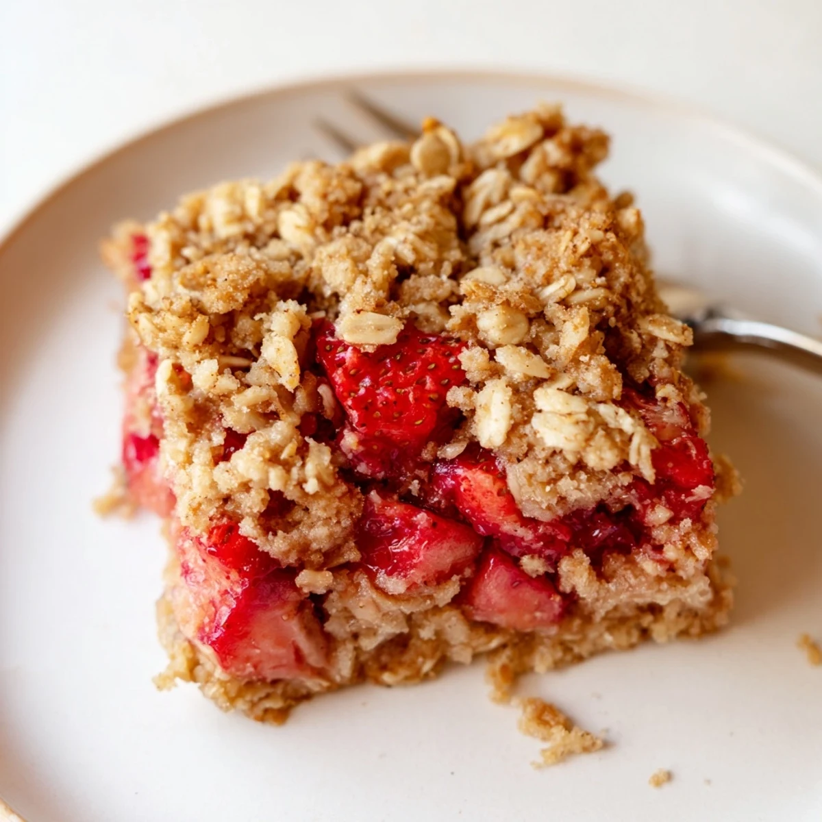 Hand holding a rustic tray of Strawberry Oatmeal Crumble Bars, steaming slightly