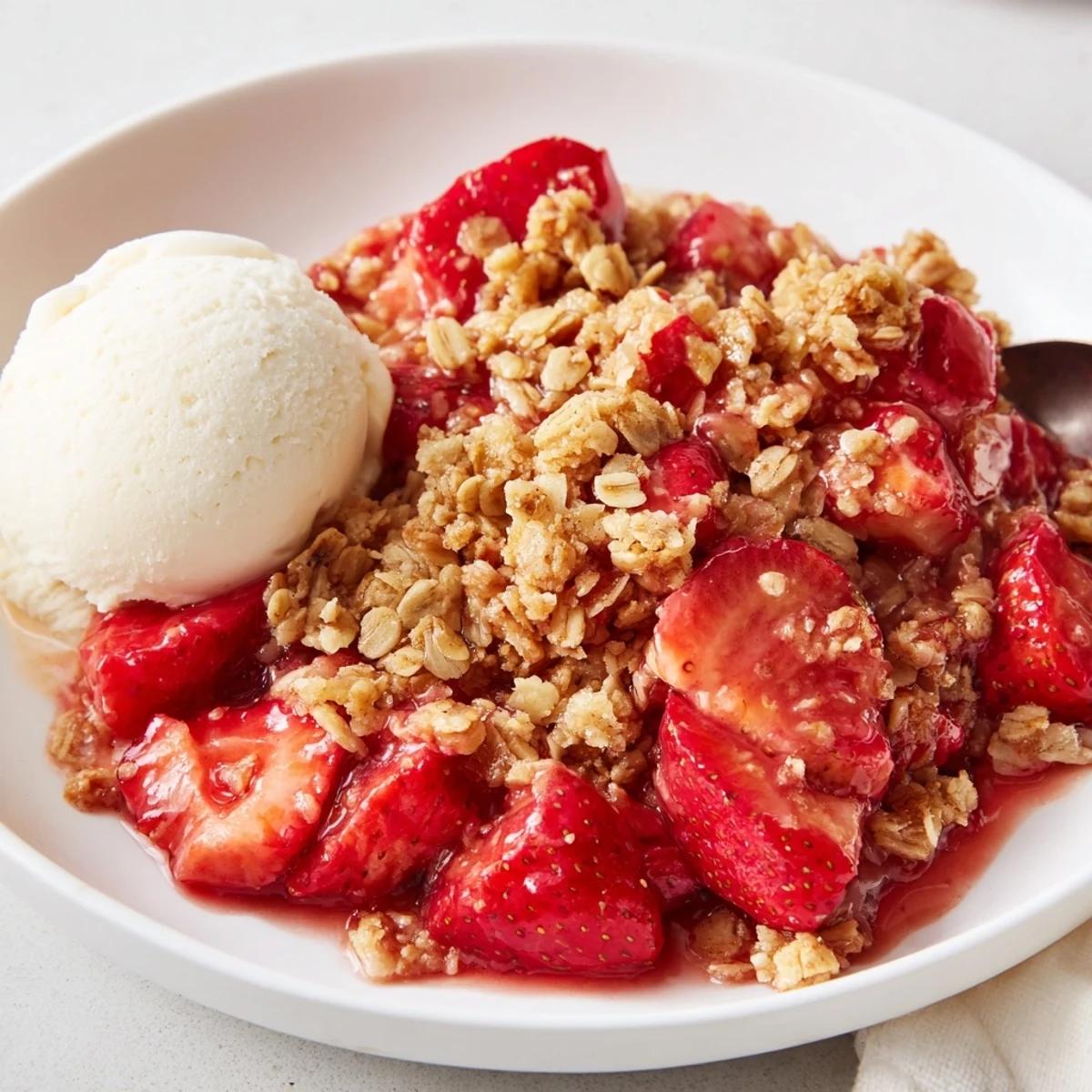Fresh Strawberry Crisp Recipe showing bubbling strawberries beneath golden oat topping.