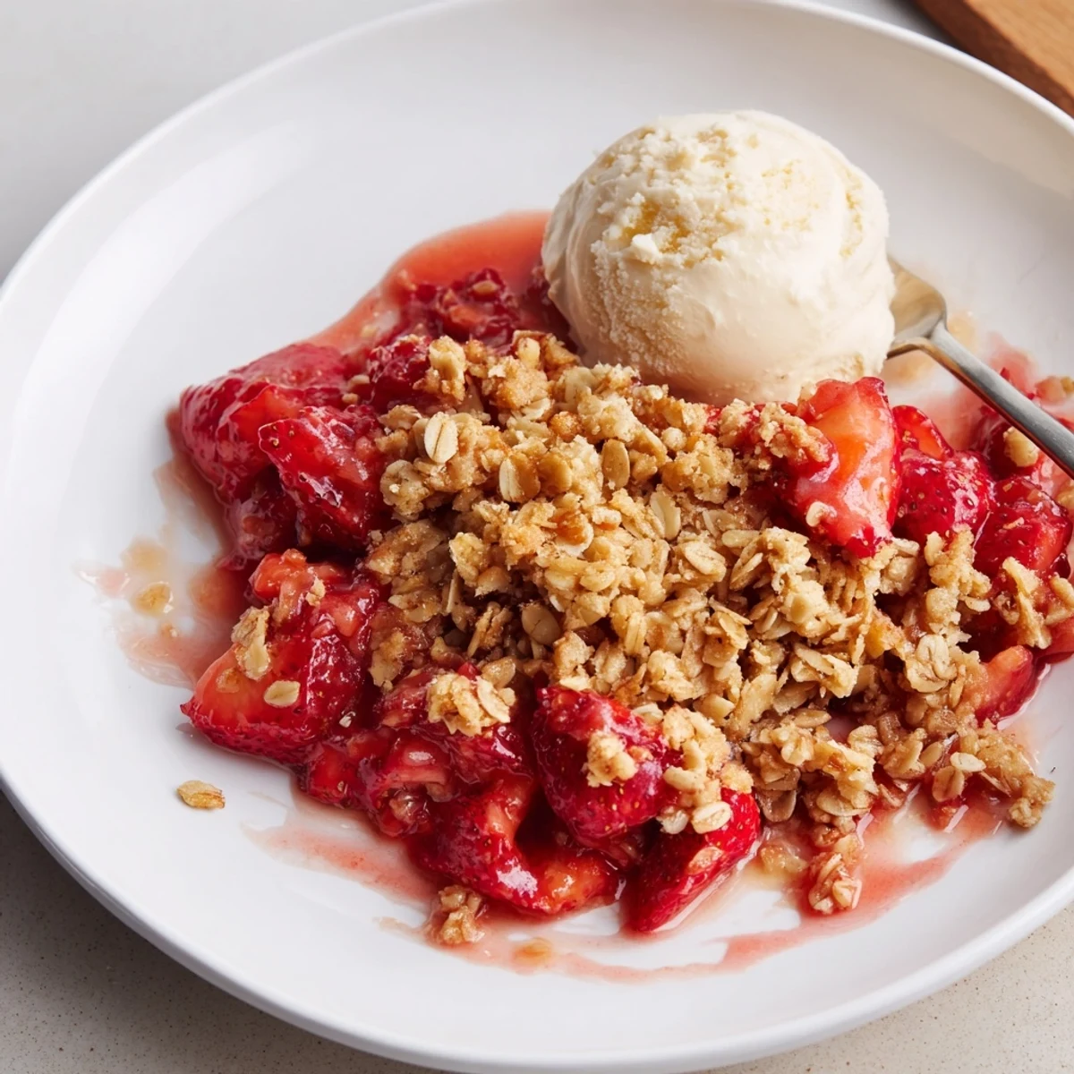 Aromatic Fresh Strawberry Crisp Recipe straight from the oven in rustic dish.