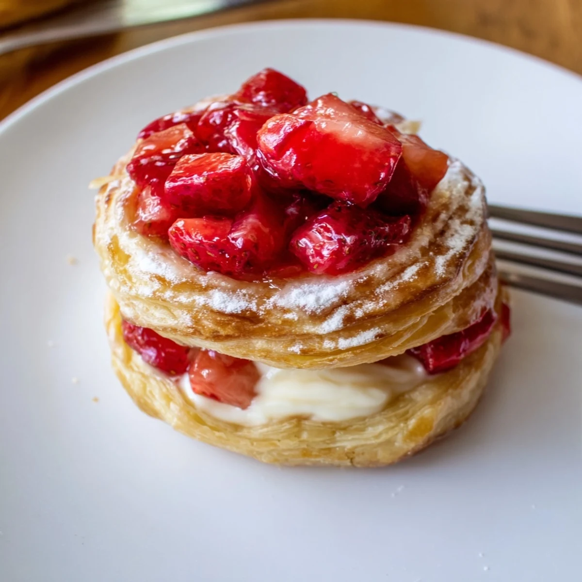 Warm Strawberry Danish Recipe on parchment, edges crisp, powdered sugar dusted