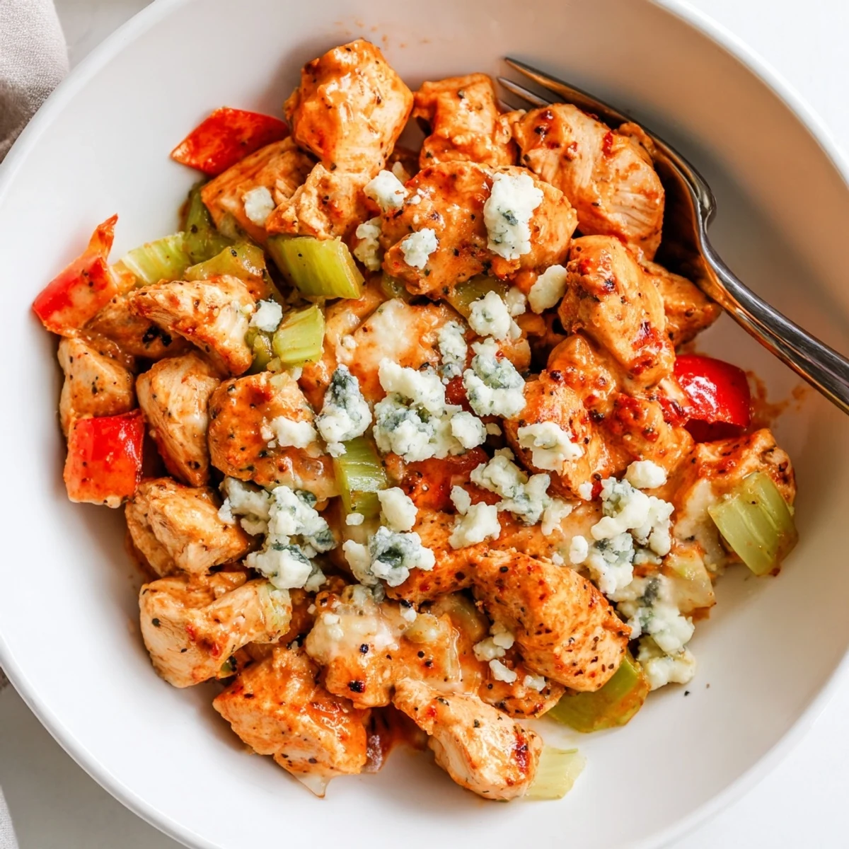 Keto Buffalo Chicken Skillet sizzling in a pan with creamy sauce and melted cheese