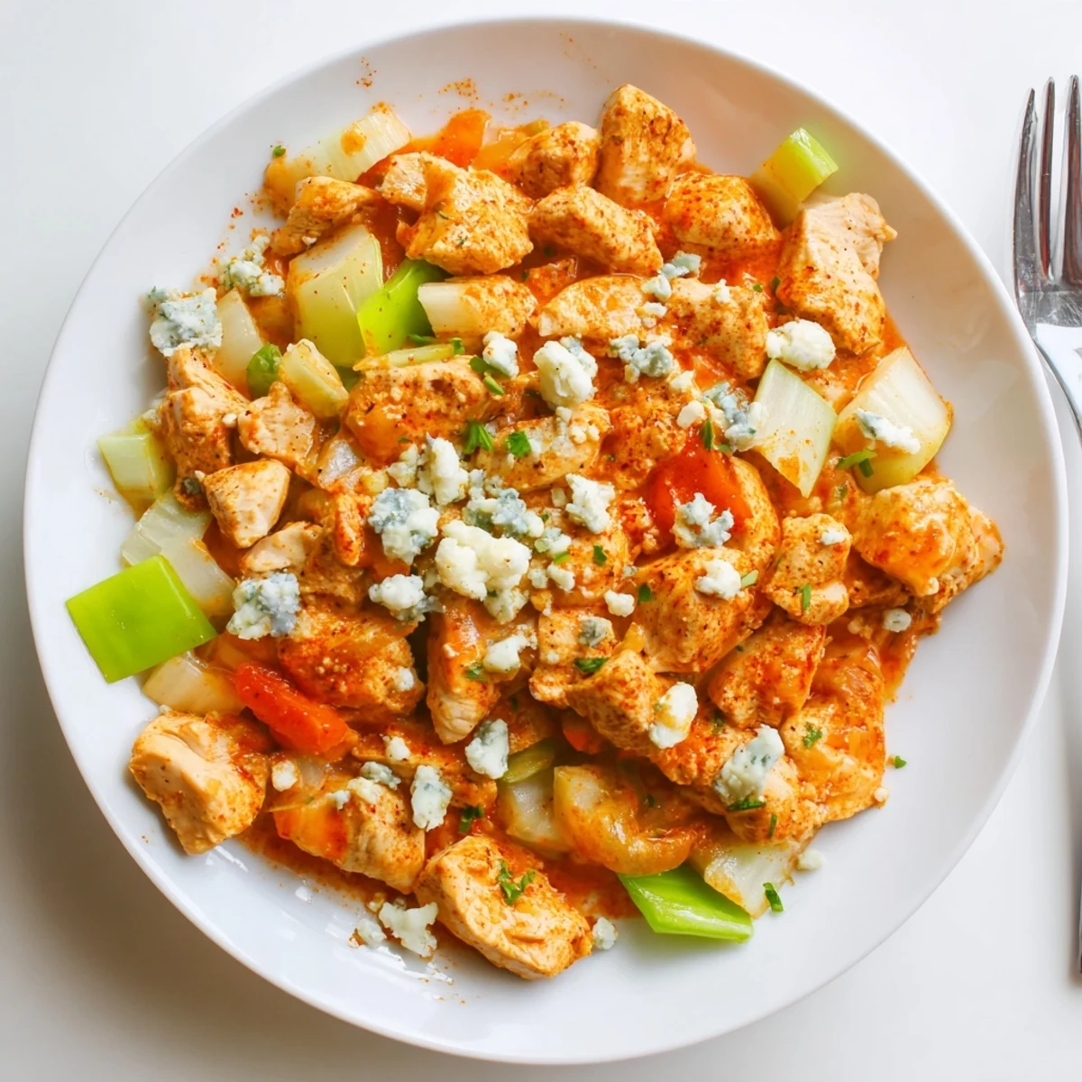 Keto Buffalo Chicken Skillet vibrant red peppers and celery nestled in spicy, buttery sauce