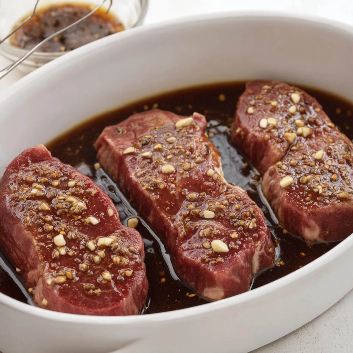 Bowl of Steak Marinade with herbs and lemon, ideal for pan-searing