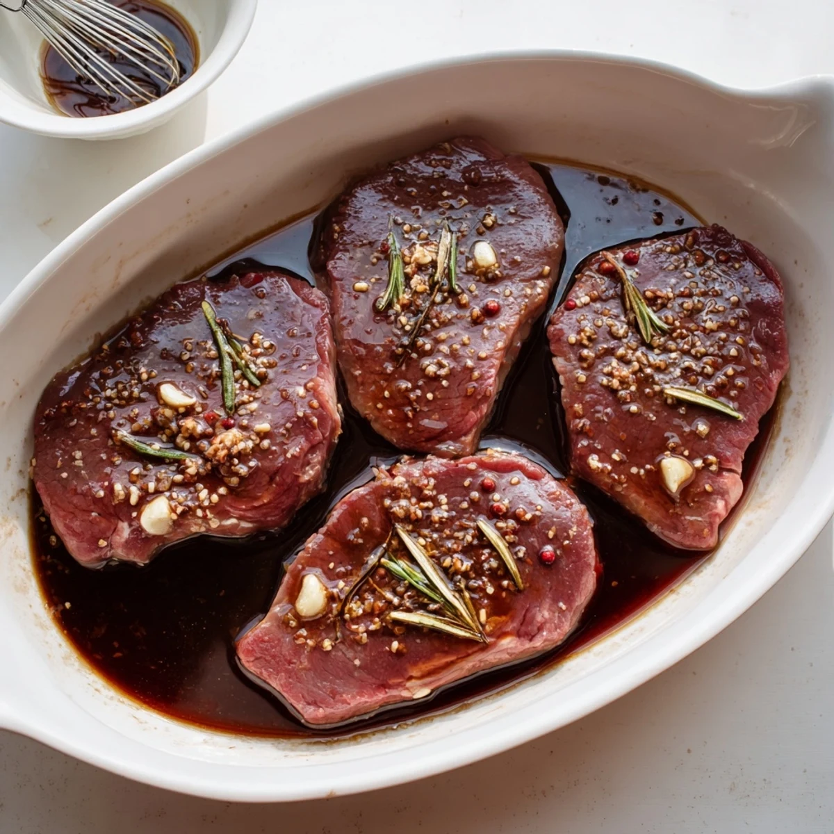 Steak Marinade glistening on raw ribeye, garlicky aroma, ready for grilling