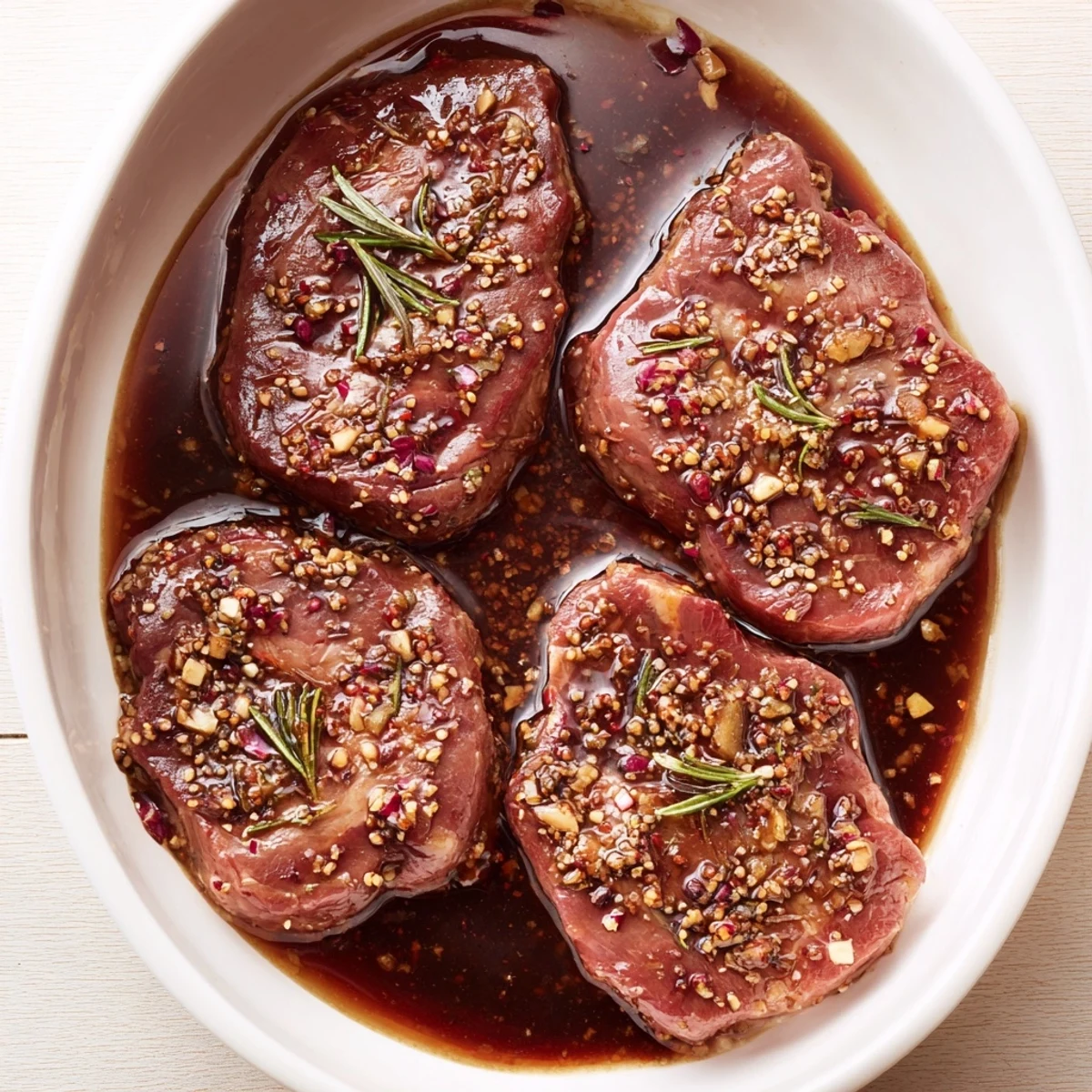 Marinated steaks bathed in Steak Marinade, glossy brown glaze, served with grill marks