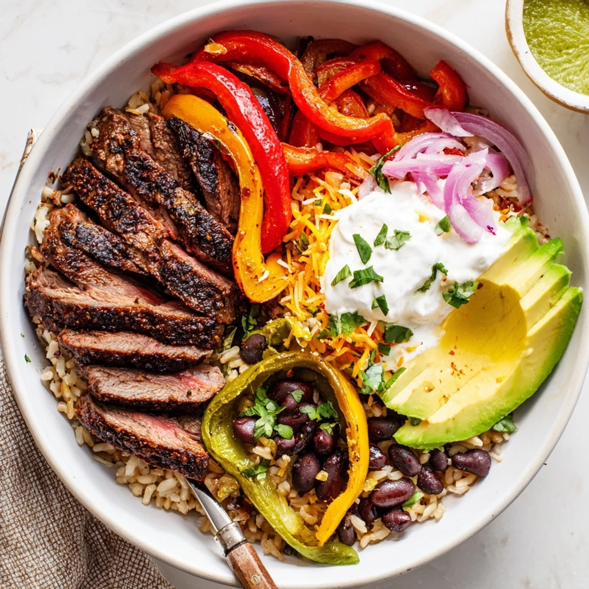 Grilled steak, black beans, sauteed peppers assemble into Steak Fajita Power Bowls.