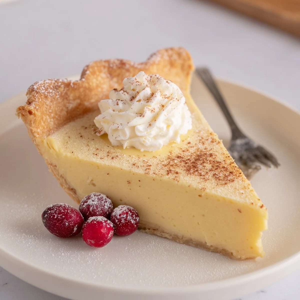 Warm, silky Christmas Eve Custard Pie With Cinnamon Vanilla cooling on rack  