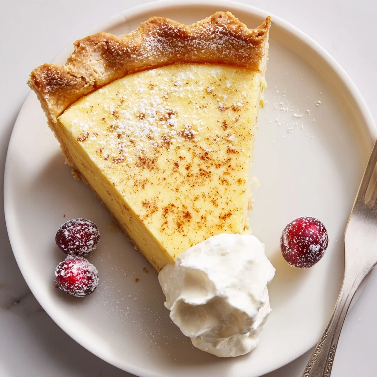 Sliced Christmas Eve Custard Pie With Cinnamon Vanilla dusted with powdered sugar  