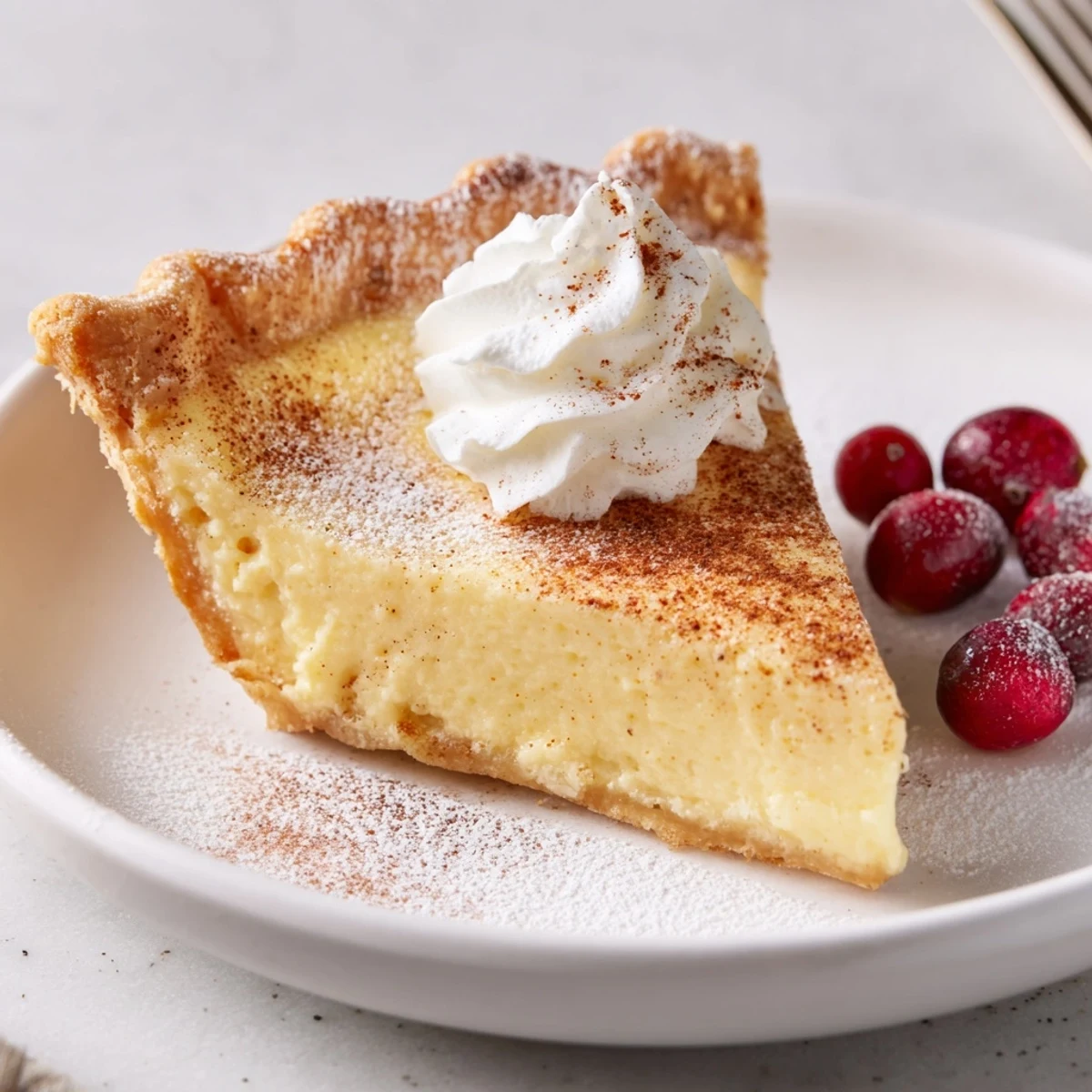 Aromatic Christmas Eve Custard Pie With Cinnamon Vanilla beside festive plates, ready