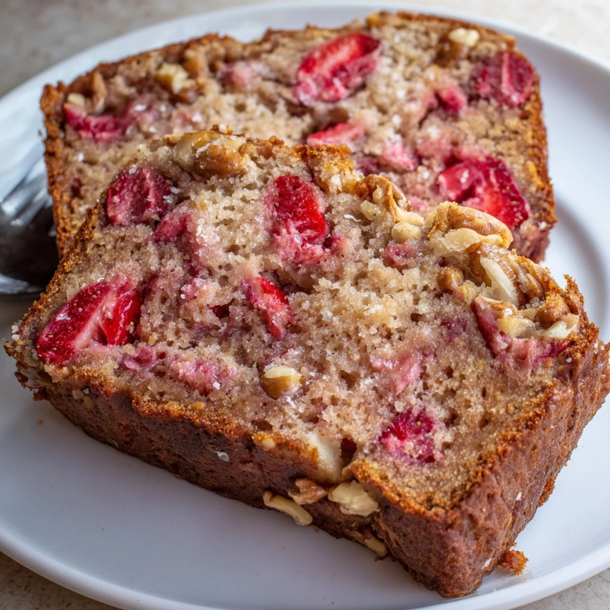 Strawberry Banana Bread Recipe: golden sliced loaf, fruity aroma, tender crumb