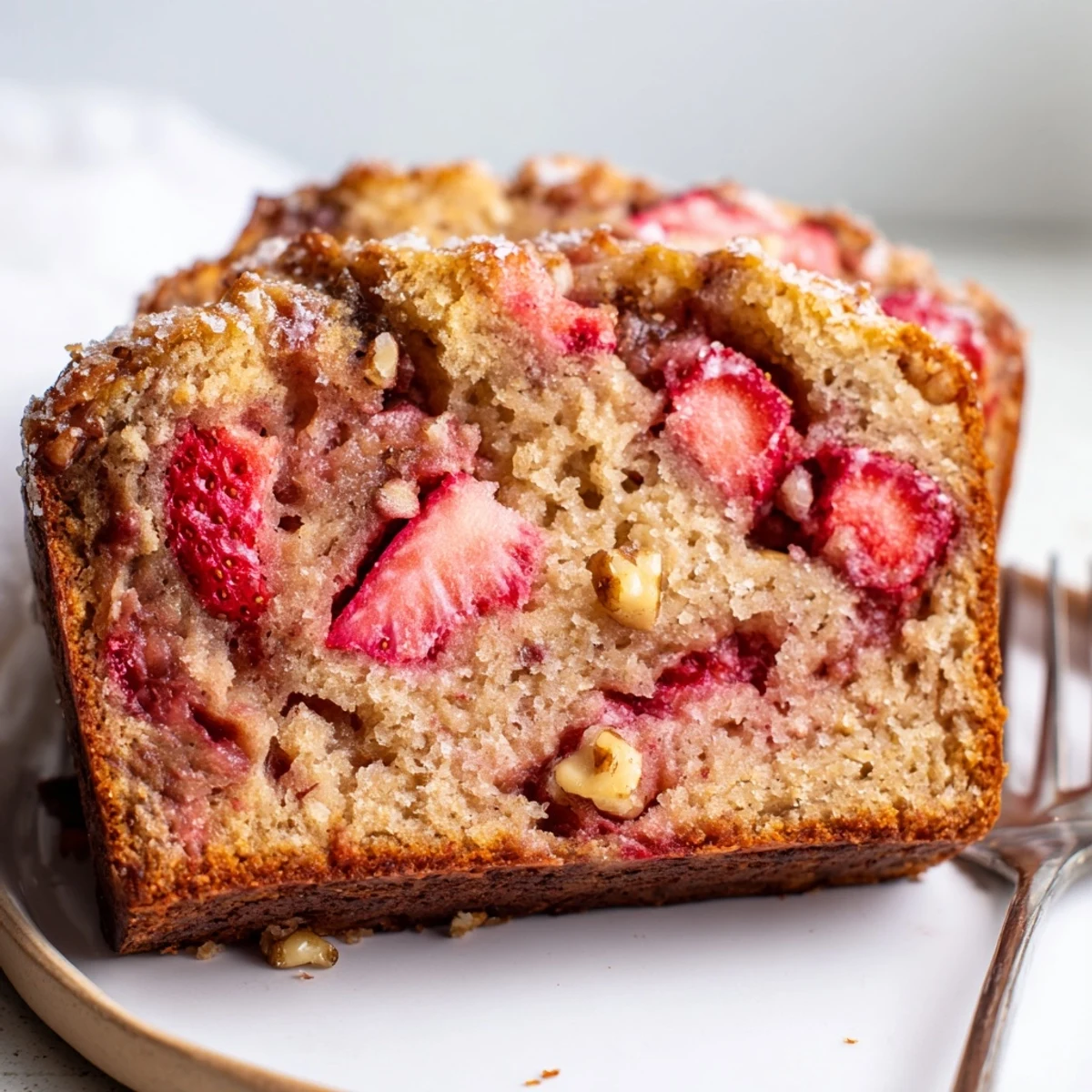 Buttered slice of Strawberry Banana Bread Recipe on plate, sweet berry notes