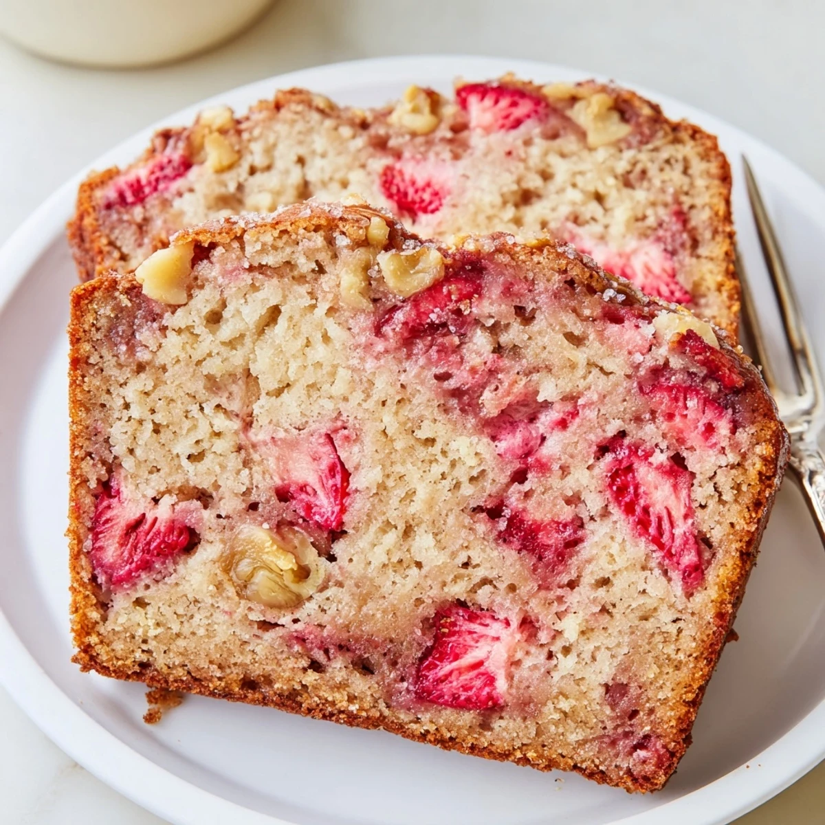 Fresh-baked Strawberry Banana Bread Recipe cooling on wire rack, strawberries studded