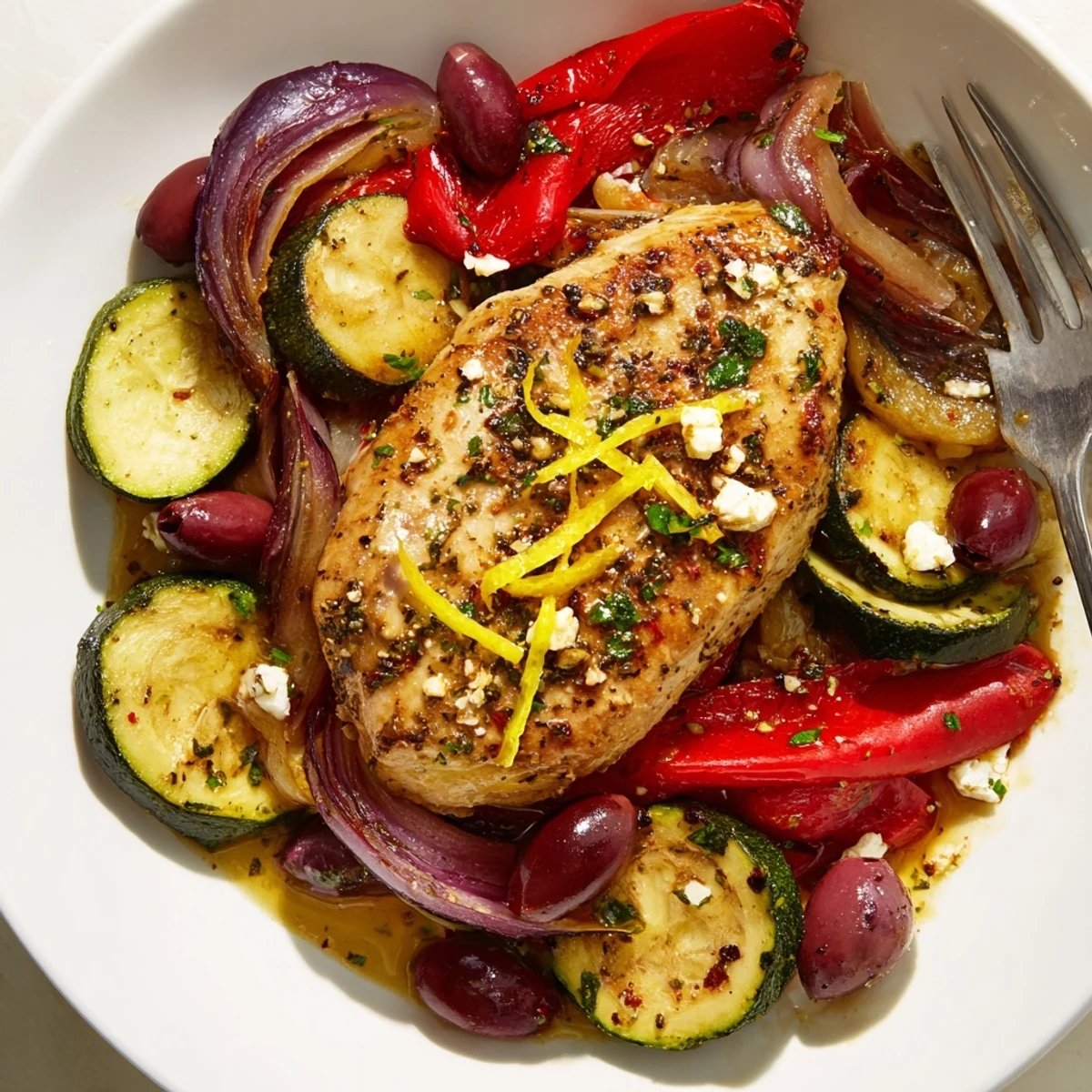 Sheet Pan Mediterranean Chicken Zucchini browned, roasted vegetables, lemony juices spooned over