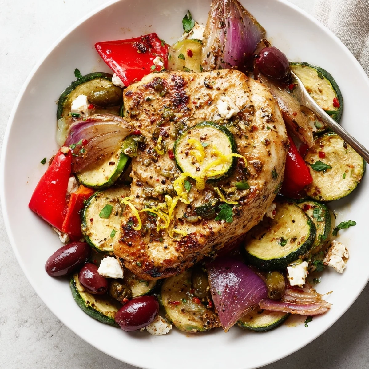 For a quick dinner, try Sheet Pan Mediterranean Chicken Zucchini sizzling with caramelized peppers