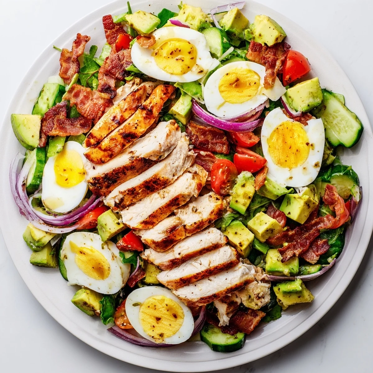 Vibrant Paleo Grilled Chicken Cobb Salad arranged with colorful layers of fresh vegetables