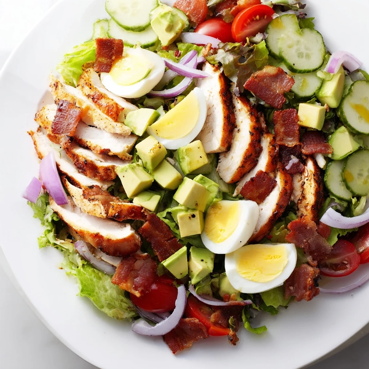 Close-up of sliced grilled chicken atop mixed greens with avocado, bacon, and eggs