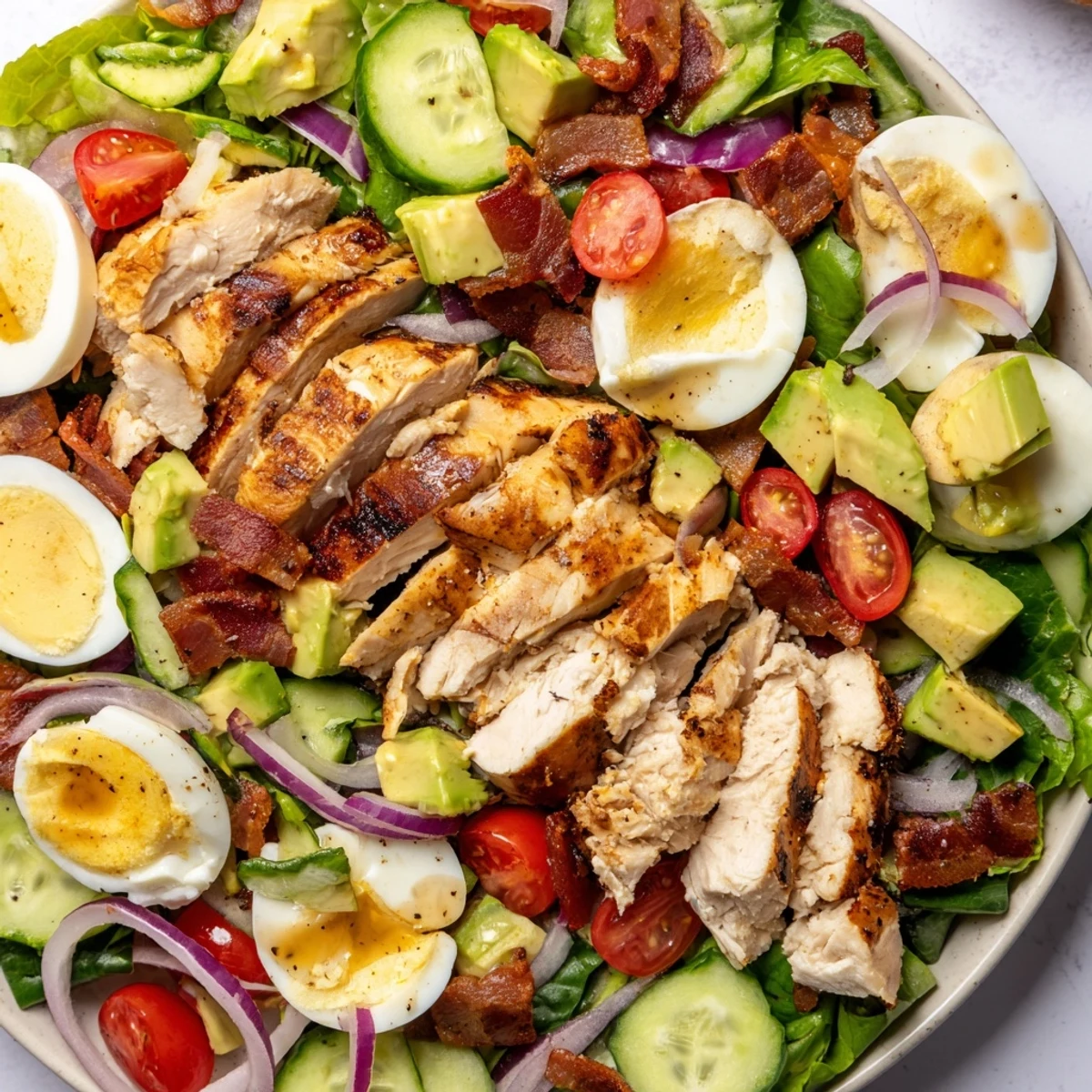 Healthy Paleo Grilled Chicken Cobb Salad served on white platter with colorful toppings