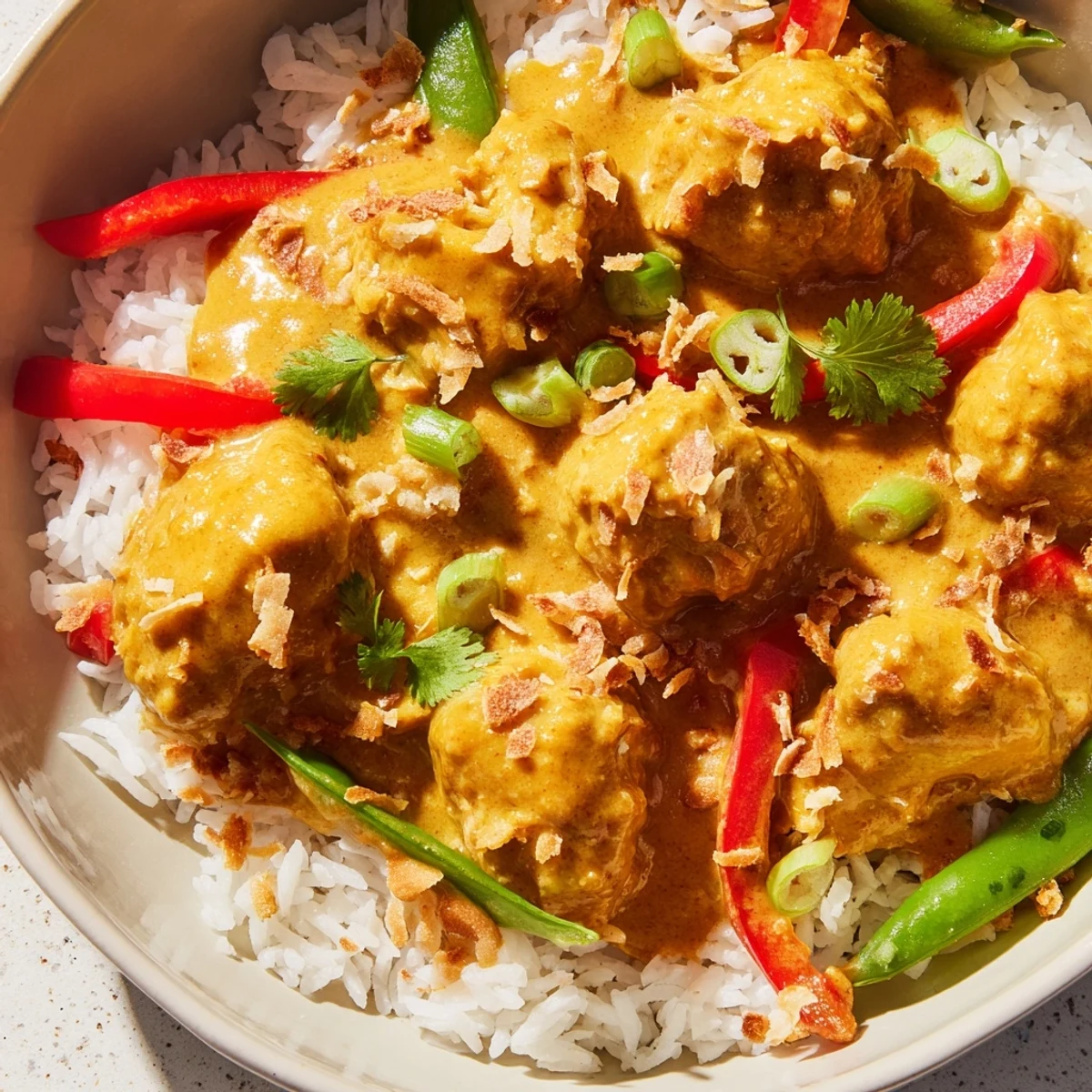 Creamy coconut chicken rice bowl topped with colorful vegetables and fresh cilantro garnish