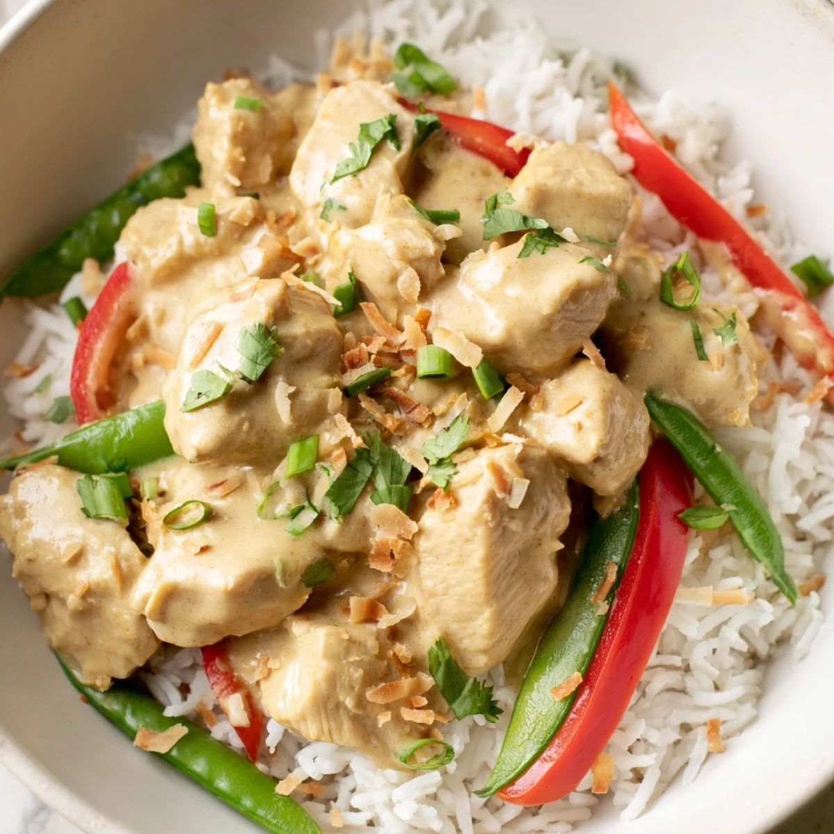 Asian fusion coconut chicken rice bowl featuring red bell pepper and toasted coconut flakes