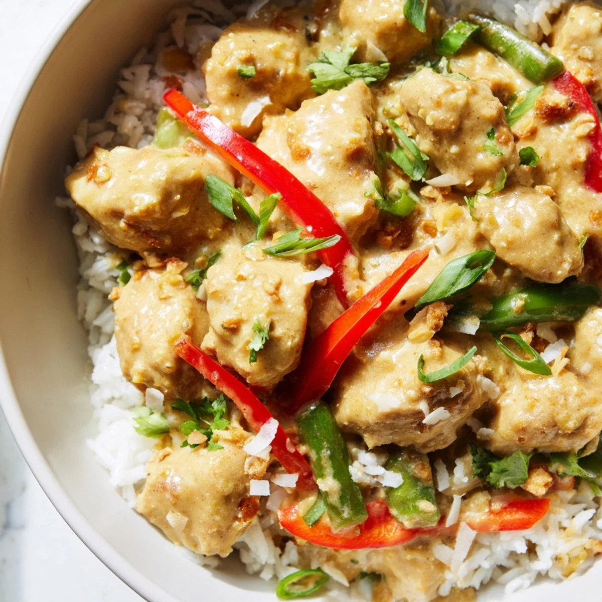 Steaming jasmine rice bowl topped with tender chicken in rich coconut sauce and snap peas